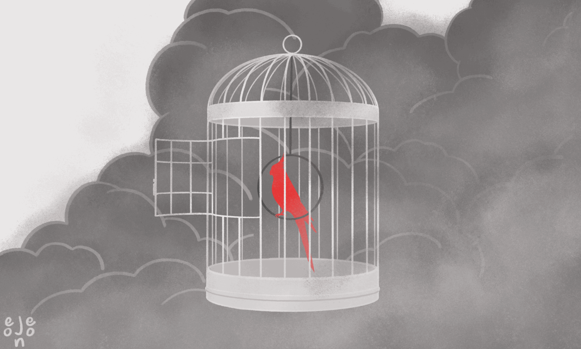 An animation of a bird in a cage. There are smoke clouds filling the background, and the cage’s door is open so the bird can escape.