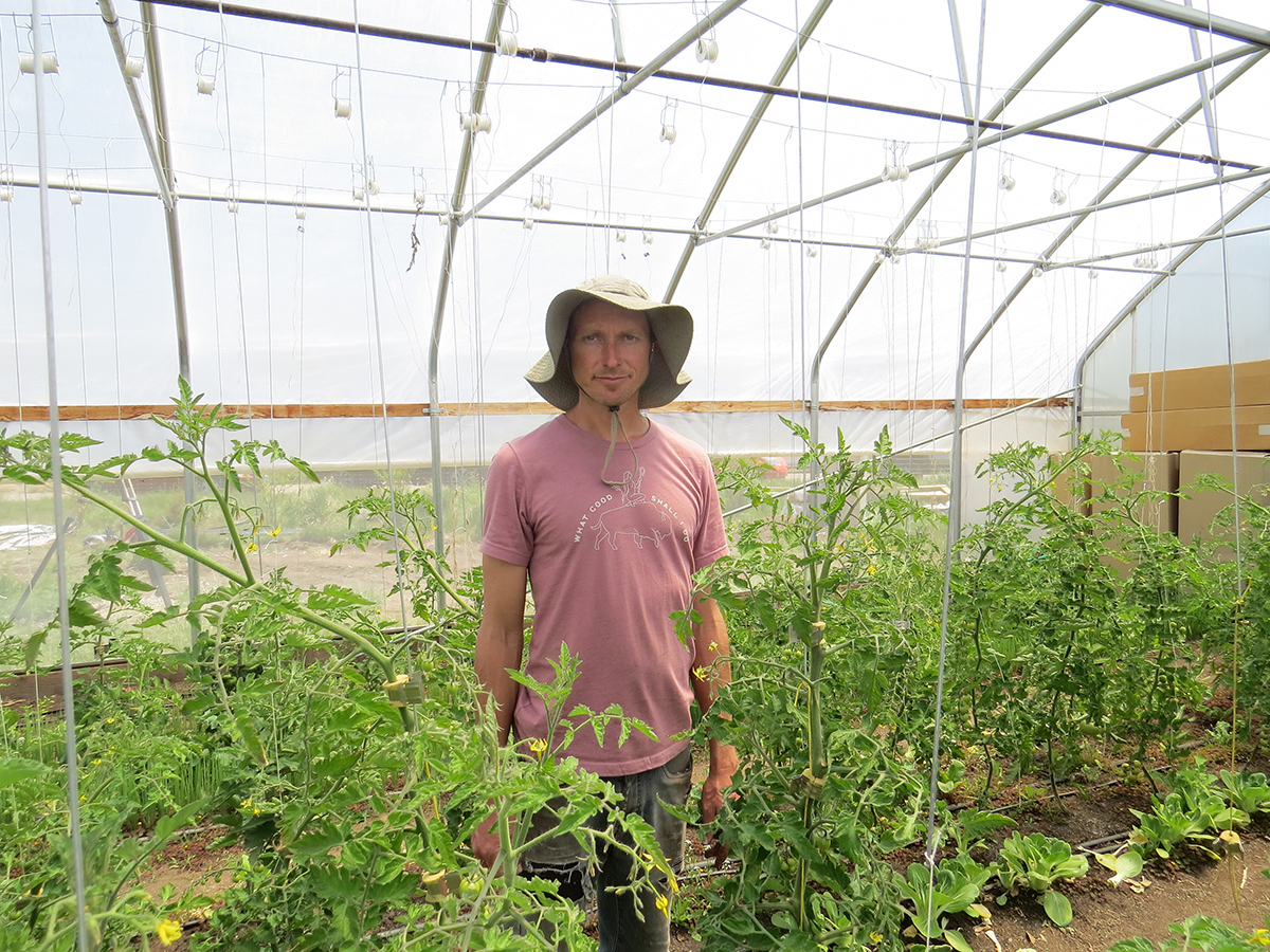 Zach Cannady is standing inside a greenhouse near a row of crops at Prema Farm. He is looking toward the camera while smiling.
