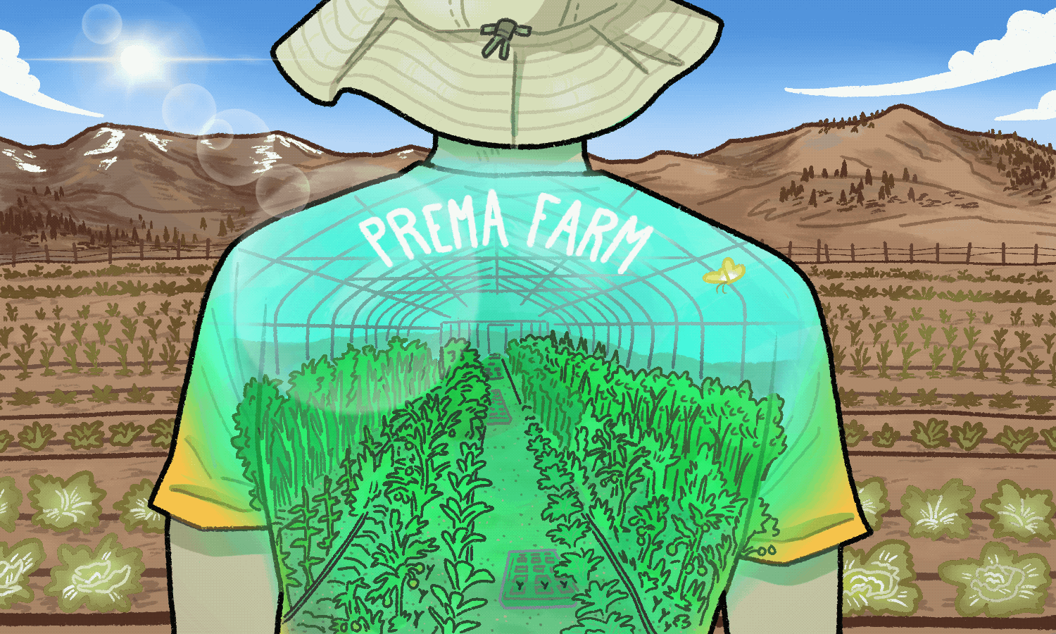 An animated illustration with a man's back facing forward. Within the outline of his shirt, there is a greenhouse with several crops growing and a butterfly flying. Outside of the shirt, in the rest of the composition, there are fields with produce in a desert-like terrain.